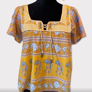 Free People Babydoll Lace-up Peasant Top Blouse Boho 60’s Hippie Shirt Vintage